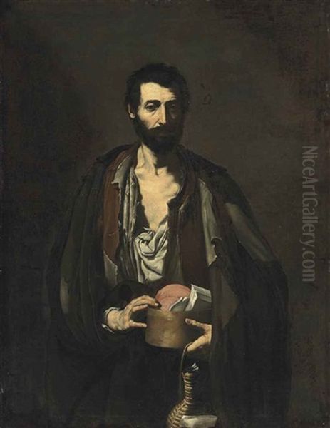 A Philosopher, Half-length, In A Torn White Shirt And Brown Jacket, Holding Books And A Wicker Flask Oil Painting by Jusepe de Ribera