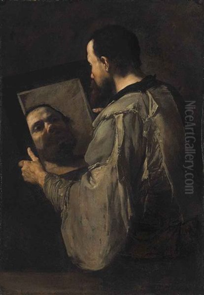 A Philosopher Holding A Mirror Oil Painting by Jusepe de Ribera