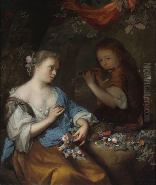 A Young Boy Playing A Flute To A Young Woman Making A Garland Offlowers In A Wooded Landscape Oil Painting by Arnold Boonen