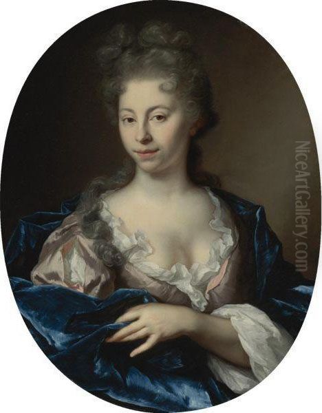 Portrait Of A Lady, Half Length, Wearing A Pink Dress With A Bluewrap Oil Painting by Arnold Boonen