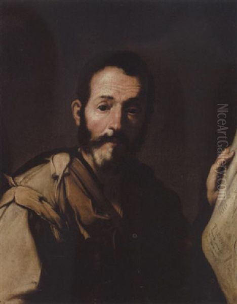 Portraet Af Mand I Folderig Dragt, I Hojre Hand Holder Han Papir Med Geometriske Figurer Oil Painting by Jusepe de Ribera