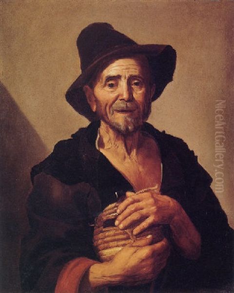 An Old Man Holding A Wine Bottle Oil Painting by Jusepe de Ribera