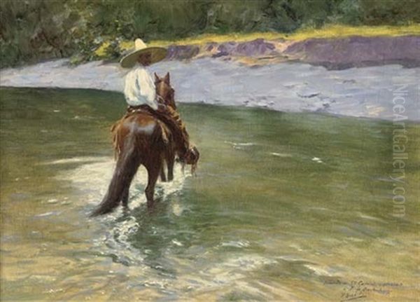 A Mexican Rider Crossing The River Oil Painting by Pierre Ribera