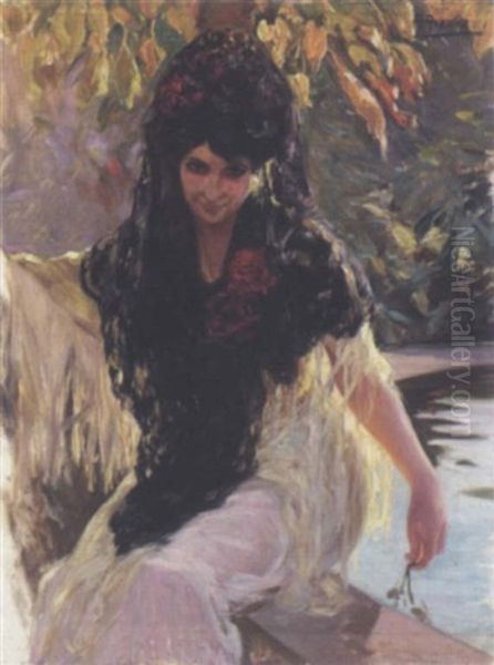 A Spanish Beauty Oil Painting by Pierre Ribera