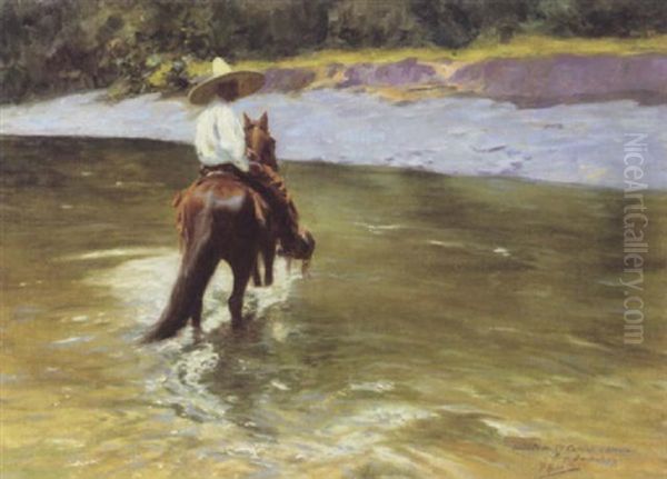 Mexican Horseman Crossing The Ford Oil Painting by Pierre Ribera