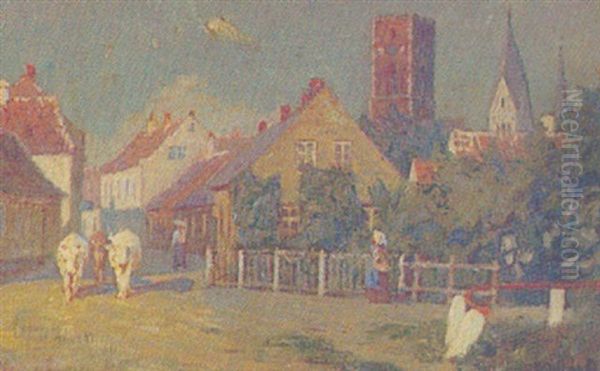 Byparti Med Okseforspand Og Personer, Over Byen Stikker Kirkespir Og Tarne Oil Painting by Hilmar Riberholt