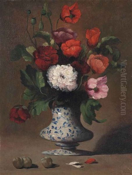 Poppies And Chrysanthemums In A Vase by Germain Theodore Ribot