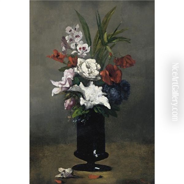 Flowers In A Blue Vase Oil Painting by Germain Theodore Ribot