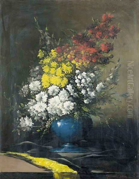 Bouquet De Fleurs Dans Un Vase Bleu Oil Painting by Germain Theodore Ribot