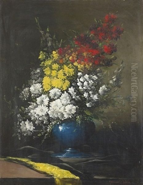 Bouquet De Fleurs Dans Un Vase Bleu Oil Painting by Germain Theodore Ribot