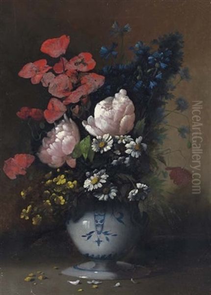 Bouquet De Fleurs Dans Une Jardiniere En Faience Oil Painting by Germain Theodore Ribot