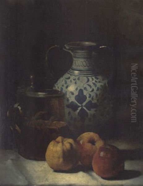 Still Life With Apples, Blue Jug And Silver Topped Mug Oil Painting by Germain Theodore Ribot