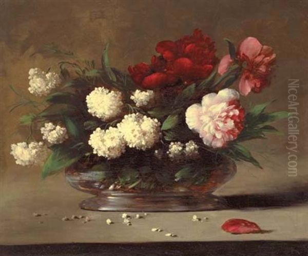 A Vase Of Roses And Lilacs Oil Painting by Germain Theodore Ribot