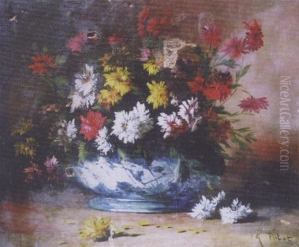 Bouquet De Fleurs Dans Une Jardiniere En Faience Oil Painting by Germain Theodore Ribot