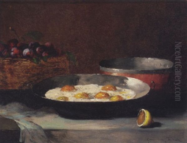 A Still Life With Eggs, Plums And A Lemon, On A Draped Ledge Oil Painting by Germain Theodore Ribot