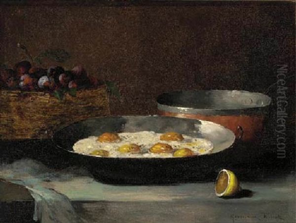 A Still Life With Eggs, Plums And A Lemon, On A Draped Ledge Oil Painting by Germain Theodore Ribot