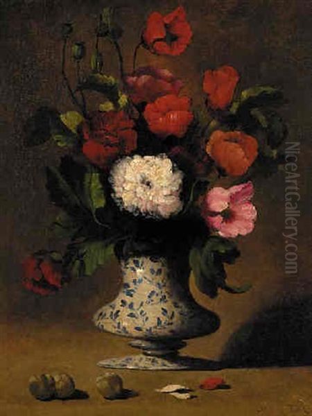 Flowers In A Blue And White Vase Oil Painting by Germain Theodore Ribot