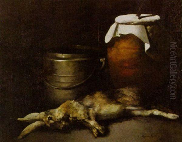 Nature Morte: Lievre, Pot En Gres En Cuivre Oil Painting by Germain Theodore Ribot