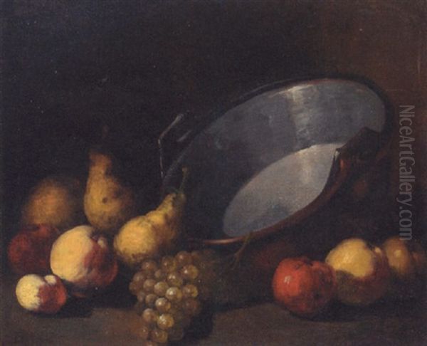 Pears, Apples And Grapes Alongside A Cauldron Oil Painting by Germain Theodore Ribot