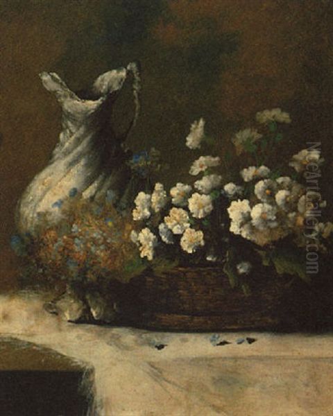 A Basket Of Summer Flowers And A Waterjug On A Table Oil Painting by Germain Theodore Ribot