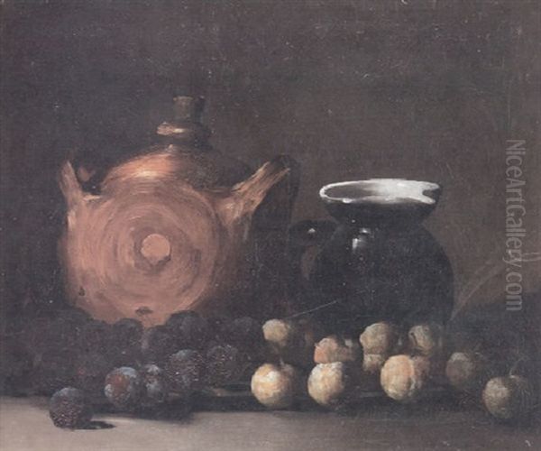 A Still Life With Plums, A Ceramic Jug And Another Vessel Oil Painting by Germain Theodore Ribot