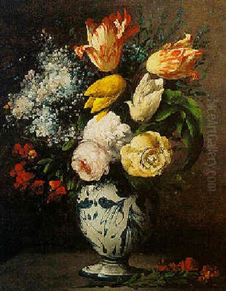 Tulips, Peonies And Other Flowers In A Porcelain Vase Oil Painting by Germain Theodore Ribot