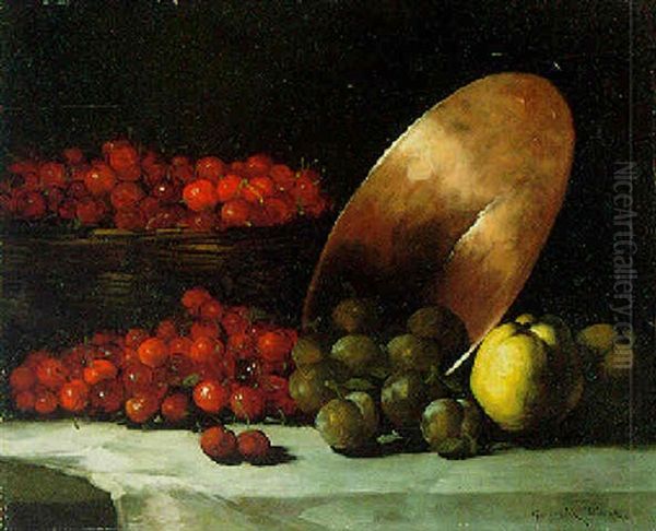 A Still Life With Cherries, Plums And Copper Bowl Oil Painting by Germain Theodore Ribot