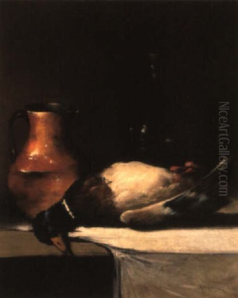 Un Canard Mort, Une Cruche Et Une Bouteille Poses Sur Un Rebord Oil Painting by Germain Theodore Ribot