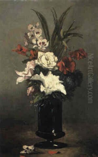 Flowers In A Blue Vase Oil Painting by Germain Theodore Ribot