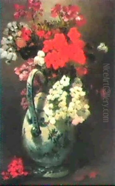 Geraniums In A Jug Oil Painting by Germain Theodore Ribot