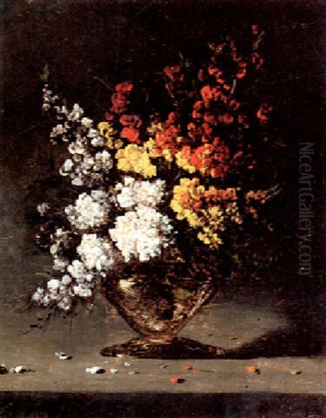 Assorted Flowers In A Glass Vase Oil Painting by Germain Theodore Ribot