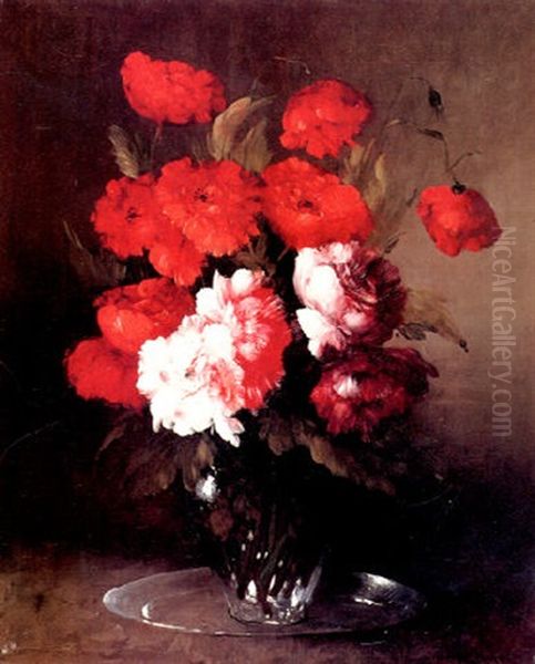 Pink Peonies And Poppies In A Glass Vase Oil Painting by Germain Theodore Ribot