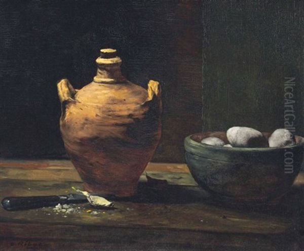 Still Life With Eggs, Garlic, And A Ceramic Jug Oil Painting by Theodule Ribot