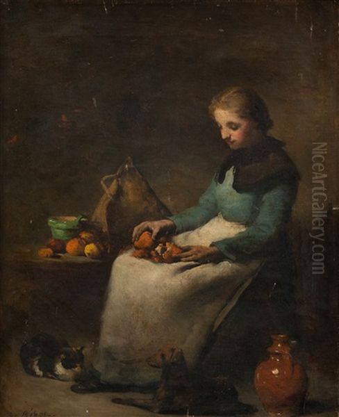 Girl With Oranges Oil Painting by Theodule Ribot