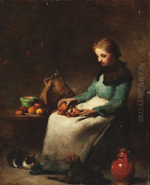 Girl In A Kitchen Interior Oil Painting by Theodule Ribot