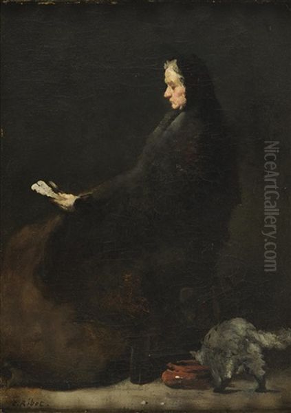 Portrait Of A Lady, Seated On A Chair Reading A Document With A At Drinking From A Terracotta Bowl In The Foreground Oil Painting by Theodule Ribot