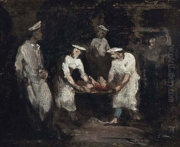 A Busy Kitchen Oil Painting by Theodule Ribot