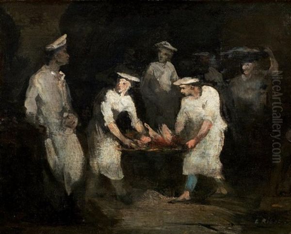 Cuisiniers Apportant Un Plateau Oil Painting by Theodule Ribot