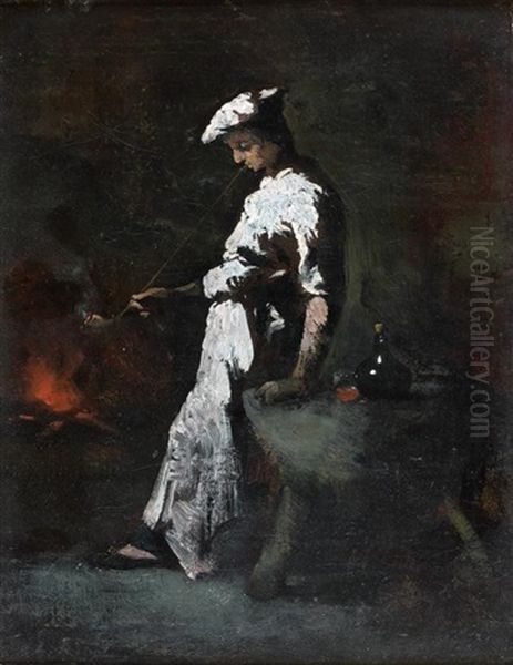 Un Cuisinier Fumant Sa Pipe Devant L'atre Oil Painting by Theodule Ribot