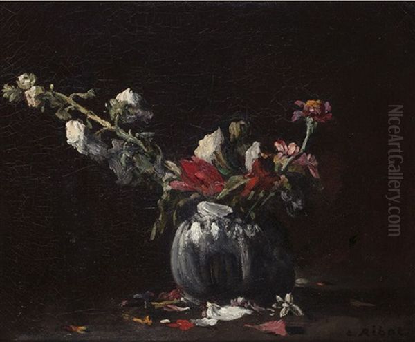 Fleurs Dans Un Vase Sur Un Entablement Oil Painting by Theodule Ribot