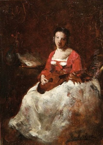 Femme A La Mandoline by Theodule Ribot