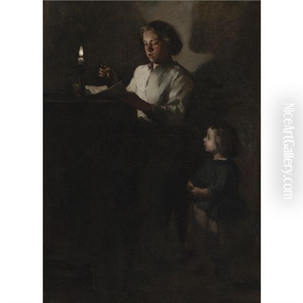 Reading By Candlelight Oil Painting by Theodule Ribot