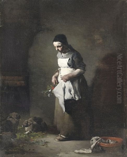 Feeding The Rabbits Oil Painting by Theodule Ribot