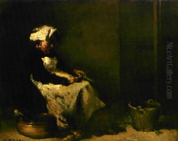 Servante Epuchante De Poireaux Oil Painting by Theodule Ribot