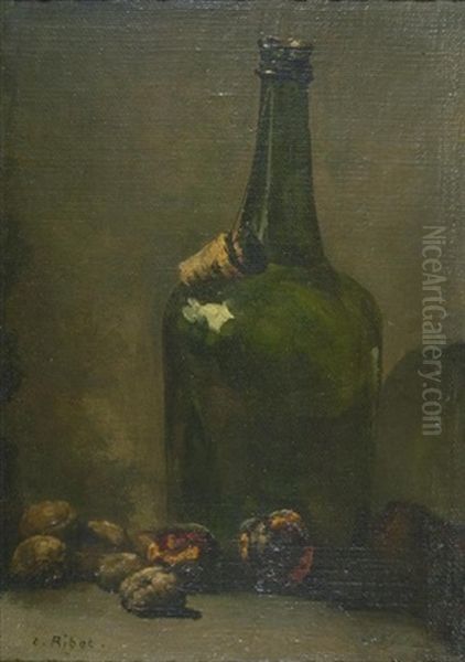 Stillleben Mit Gruner Flasche Und Fruchten Oil Painting by Theodule Ribot