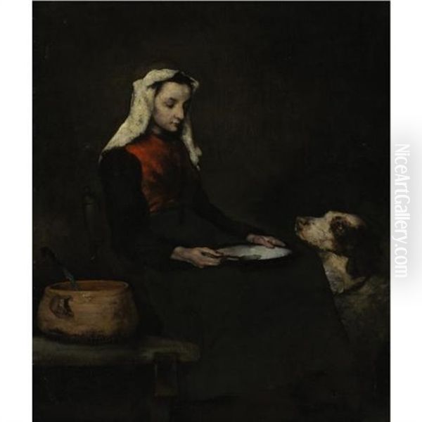 A Woman And Her Dog (les Deux Amis) Oil Painting by Theodule Ribot