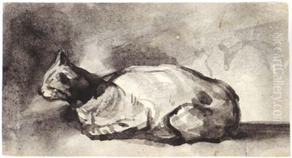 A Resting Cat Oil Painting by Theodule Ribot