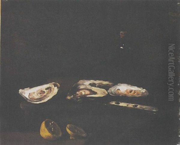 A Still Life With Oysters Oil Painting by Theodule Ribot