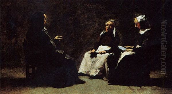 Three Women Seated In An Interior Oil Painting by Theodule Ribot