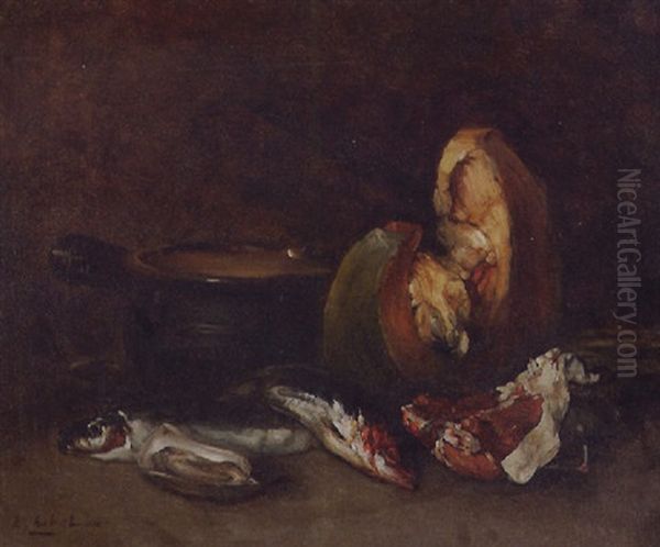 Fish And Melon By A Pot Oil Painting by Theodule Ribot